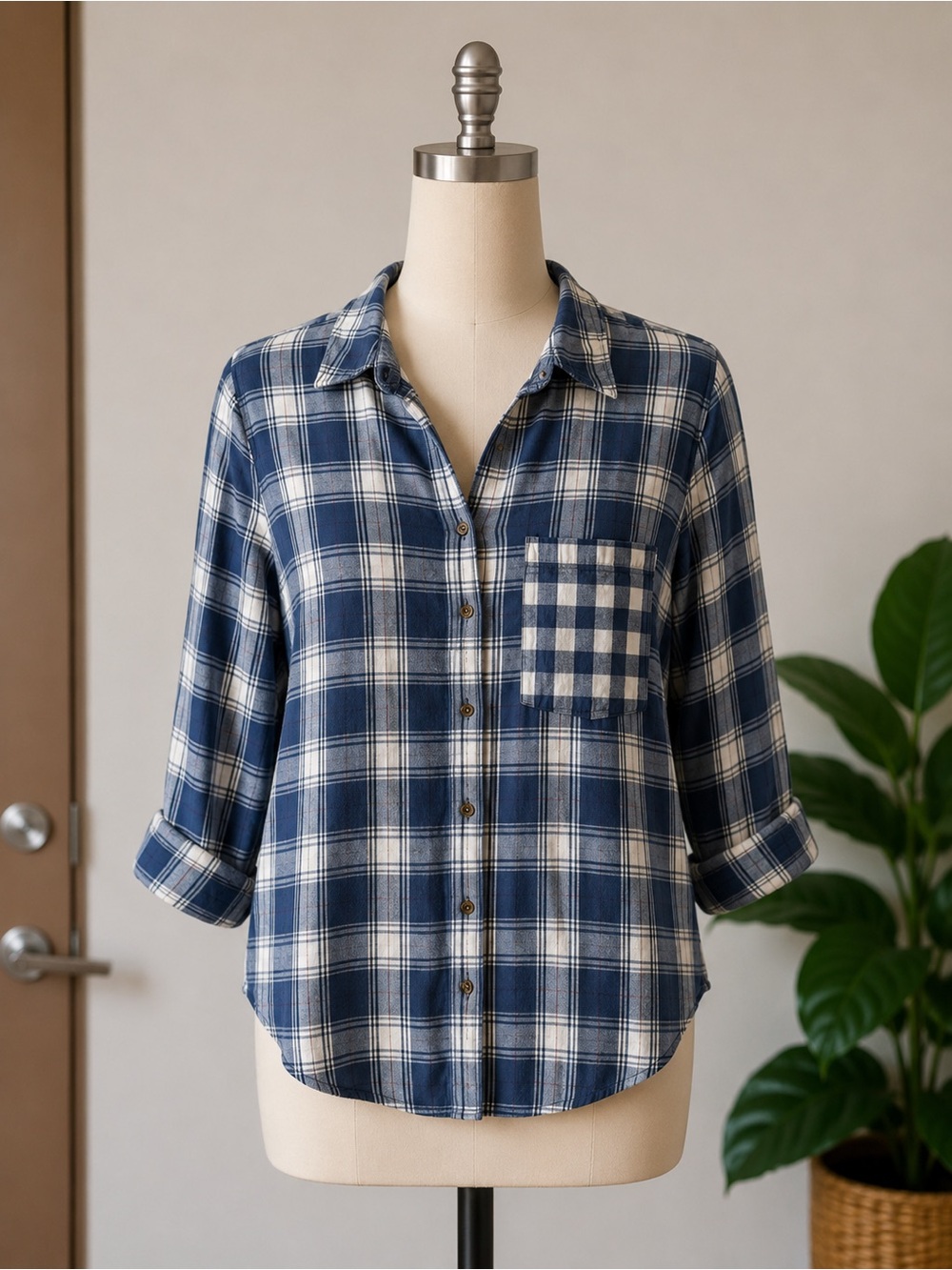 Blue and White Plaid Button-Down Flannel Shirt
